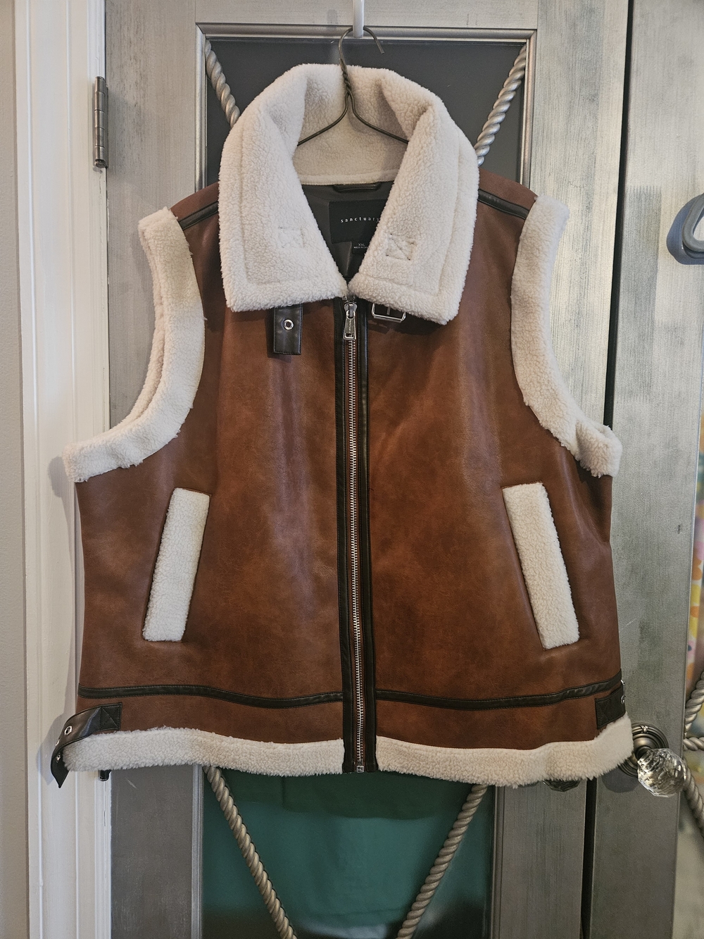 Sanctuary brand Brown Faux Leather Vest with cream Shearling trim